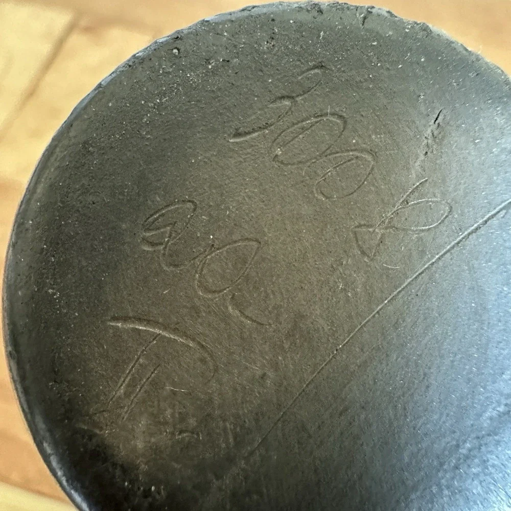 Vintage Artisan Signed Marginea Pottery Vase 3.5 Inch Black Carved Floral Leaves